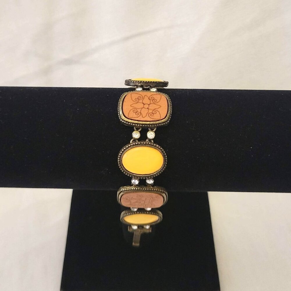 Brass and Wood Link Bracelet with Engraved Floral Design Hippie Boho